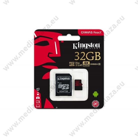 KINGSTON CANVAS REACT MICRO SDHC 32GB + ADAPTER CLASS 10 UHS-I U3 A1 V30 (100 MB/s OLVASÁSI - 80 MB/s ÍRÁSI SEBESSÉG)