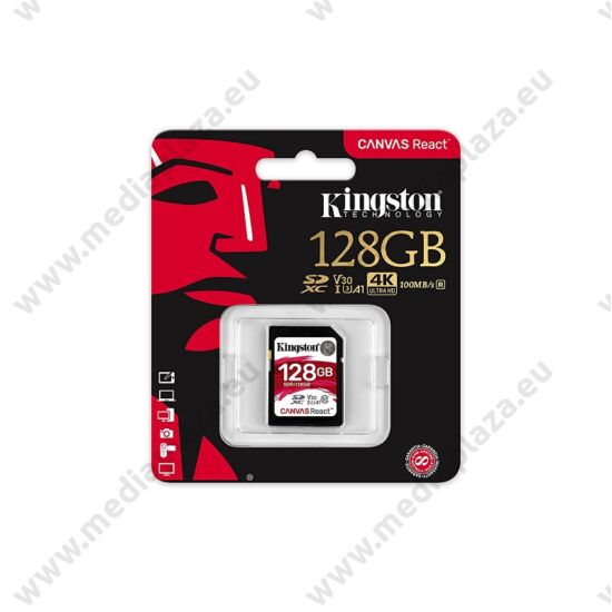 KINGSTON CANVAS REACT SDXC 128GB CLASS 10 UHS-I U3 A1 V30 (100 MB/s OLVASÁSI - 80 MB/s ÍRÁSI SEBESSÉG)