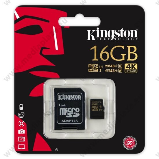 KINGSTON MICRO SDHC 16GB + ADAPTER UHS-I U3 CLASS 10 (90 MB/s OLVASÁSI 45 MB/s ÍRÁSI SEBESSÉG)