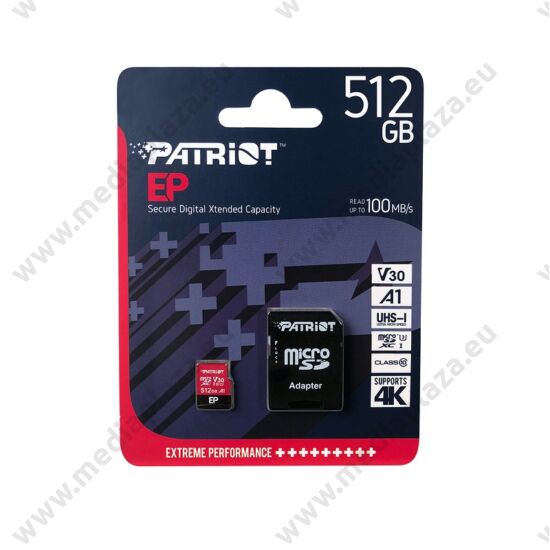 PATRIOT EP MICRO SDXC 512GB + ADAPTER CLASS 10 UHS-I U3 A1 V30 100/80 MB/s