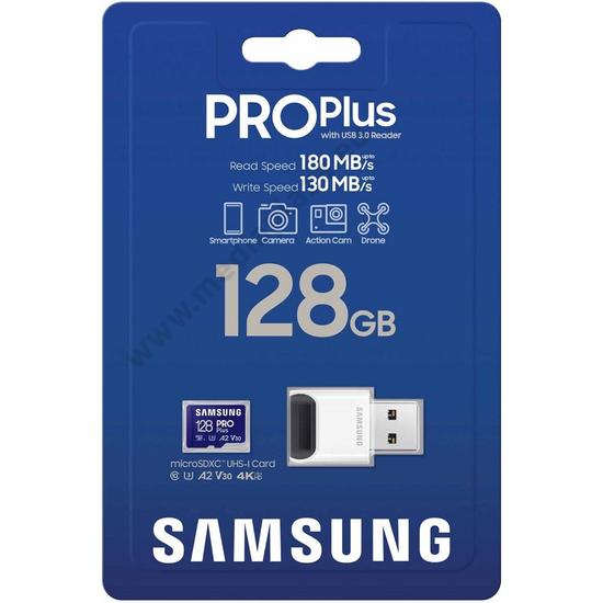 SAMSUNG PRO PLUS (2023) MICRO SDXC 128GB CLASS 10 UHS-I U3 A2 V30 180/130 MB/s + USB 3.0 MEMÓRIAKÁRTYA OLVASÓ