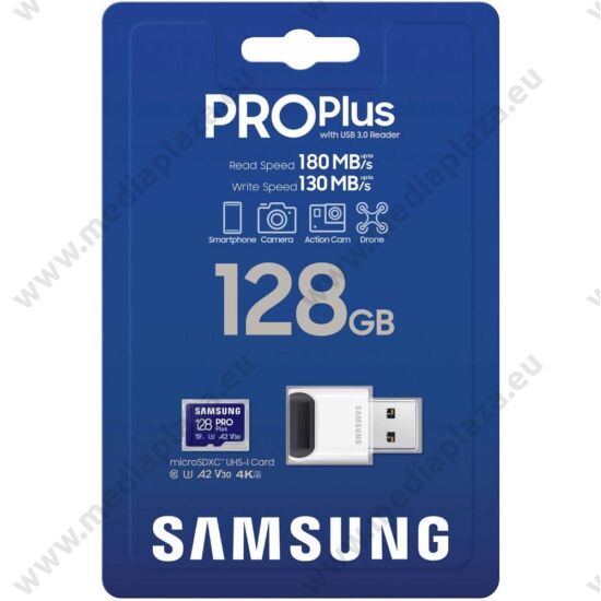 SAMSUNG PRO PLUS (2023) MICRO SDXC 128GB CLASS 10 UHS-I U3 A2 V30 180/130 MB/s + USB 3.0 MEMÓRIAKÁRTYA OLVASÓ
