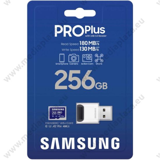 SAMSUNG PRO PLUS (2023) MICRO SDXC 256GB CLASS 10 UHS-I U3 A2 V30 180/130 MB/s + USB 3.0 MEMÓRIAKÁRTYA OLVASÓ