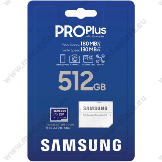 SAMSUNG PRO PLUS (2023) MICRO SDXC 512GB + ADAPTER CLASS 10 UHS-I U3 A2 V30 180/130 MB/s