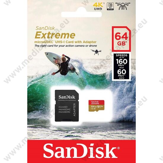 SANDISK EXTREME ACTION MICRO SDXC 64GB + ADAPTER CLASS 10 UHS-I U3 A2 V30 160/60 MB/s