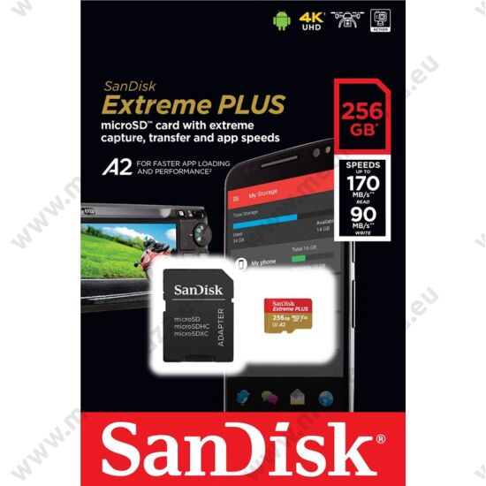SANDISK EXTREME PLUS MICRO SDXC 256GB + ADAPTER CLASS 10 UHS-I U3 A2 V30 170/90 MB/s