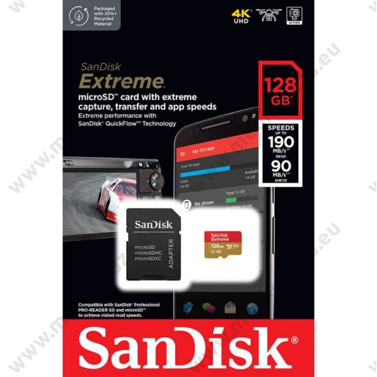 SANDISK EXTREME MOBILE MICRO SDXC 128GB + ADAPTER CLASS 10 UHS-I U3 A2 V30 190/90 MB/s