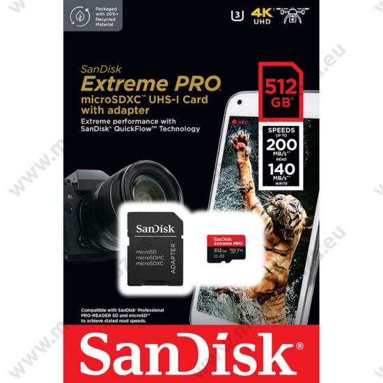 SANDISK EXTREME PRO MICRO SDXC 512GB + ADAPTER CLASS 10 UHS-I U3 A2 V30 200/140 MB/s