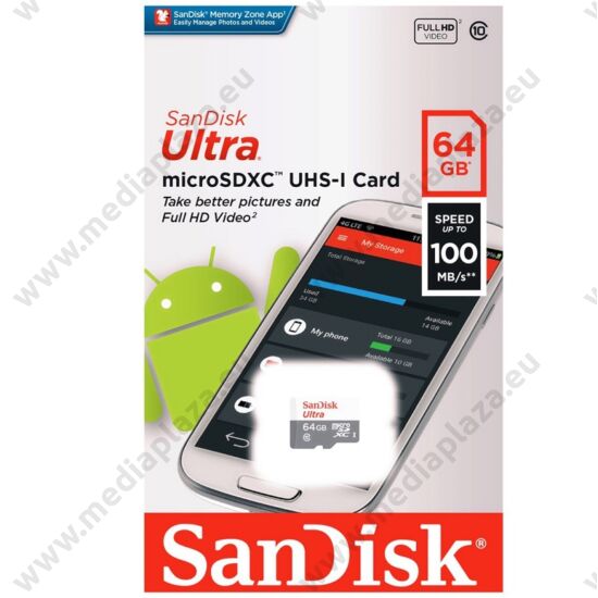 SANDISK ULTRA MICRO SDXC 64GB CLASS 10 UHS-I U1 ANDROID 100 MB/s OLVASÁSI SEBESSÉG