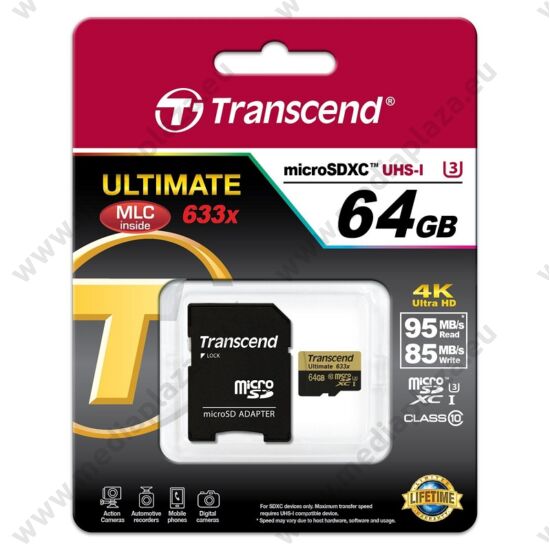 TRANSCEND MICRO SDXC 64GB + ADAPTER UHS-I U3 CLASS 10 (95 MB/S OLVASÁSI - 85 MB/S ÍRÁSI SEBESSÉG)