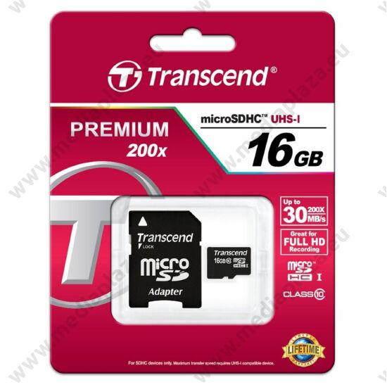 TRANSCEND MICRO SDHC 16GB + ADAPTER CLASS 10 UHS-I (30 MB/s OLVASÁSI SEBESSÉG)