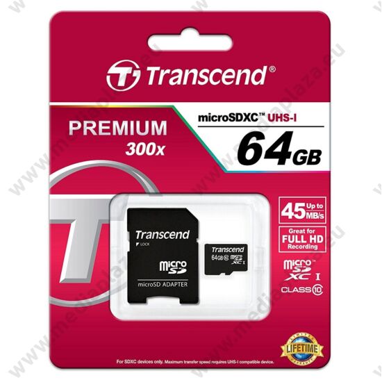 TRANSCEND PREMIUM 300X MICRO SDXC 64GB + ADAPTER CLASS 10 UHS-I (45 MB/S OLVASÁSI SEBESSÉG)