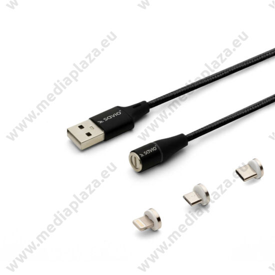 SAVIO CL-155 MÁGNESES 3-IN-1 USB TÖLTŐ ÉS ADATKÁBEL USB-C + APPLE LIGHTNING + MICRO USB 2m FEKETE
